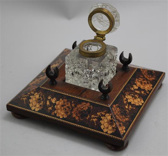 A Tunbridge ware rosewood flower mosaic banded inkstand, 6in.
